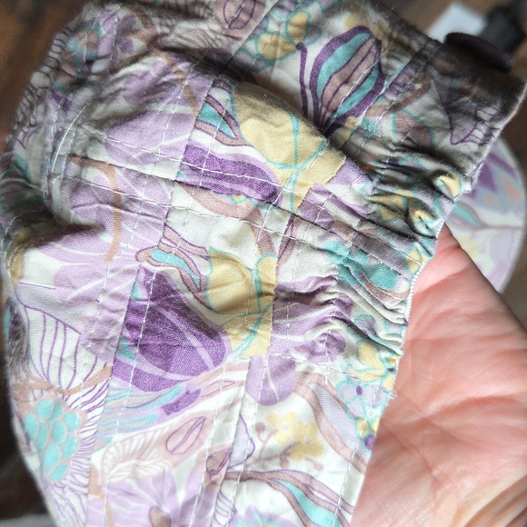 Purple Floral Hat 100% Cotton Elastic Back Purple Yellow Teal Cream Cadet Style - Picture 10 of 12